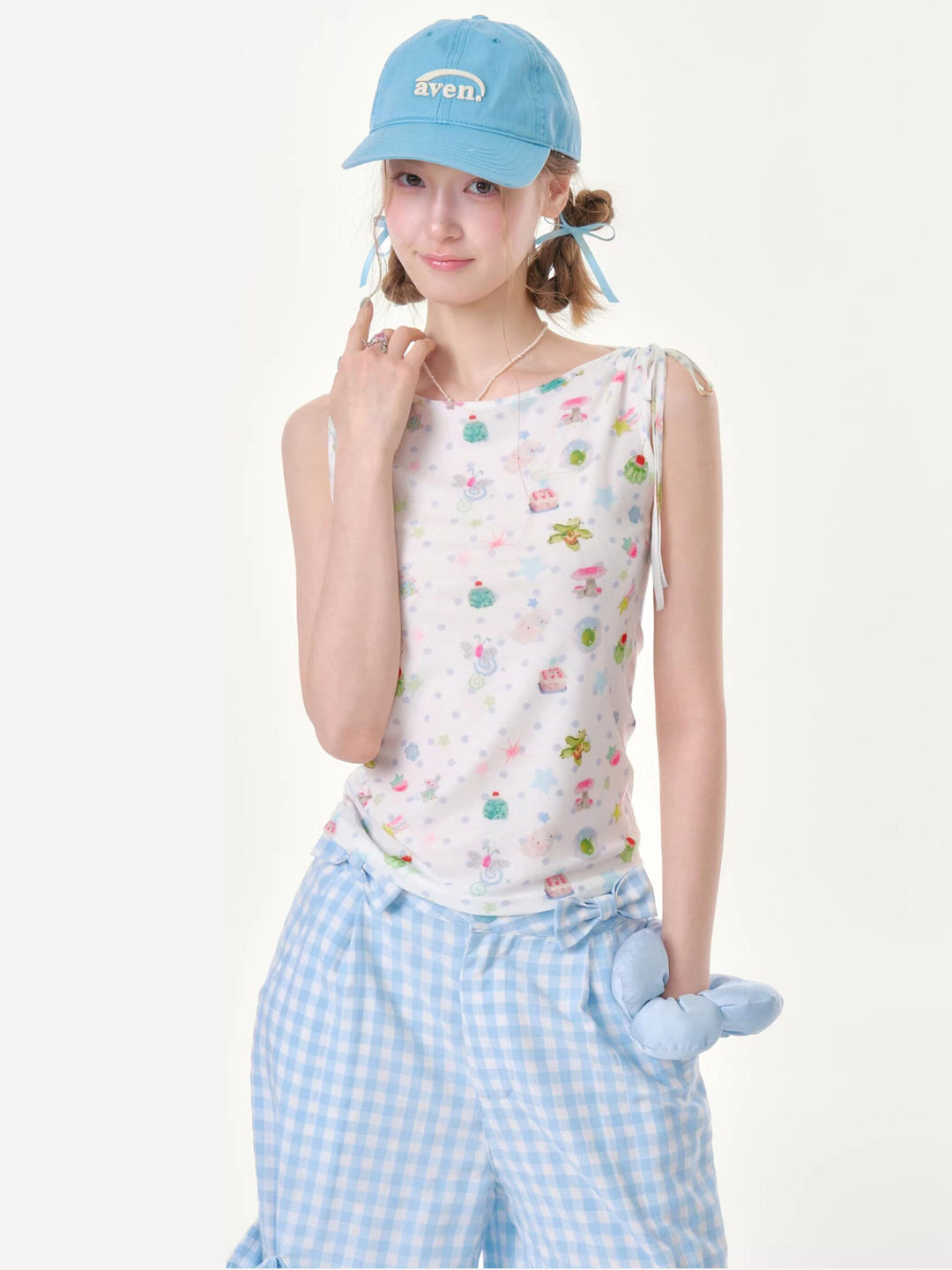 Whimsical Print Tie-Shoulder Tank Top