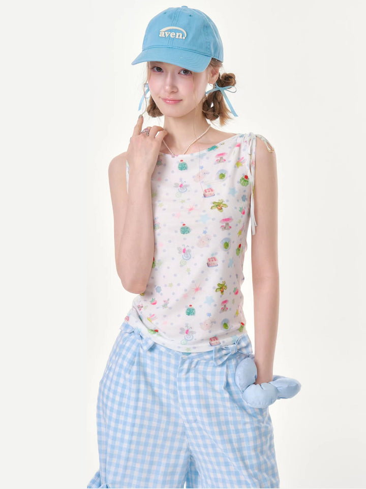 Whimsical Print Tie-Shoulder Tank Top