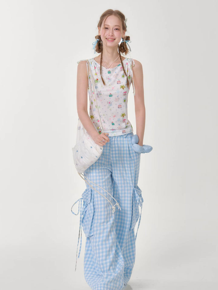 Whimsical Print Tie-Shoulder Tank Top