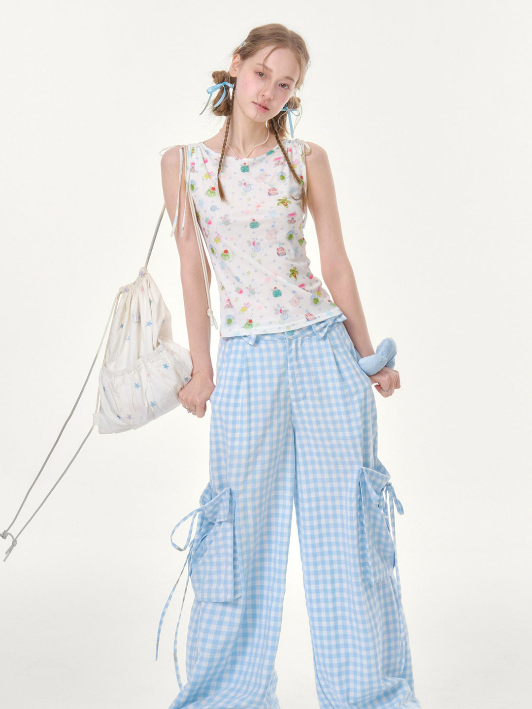 Whimsical Print Tie-Shoulder Tank Top