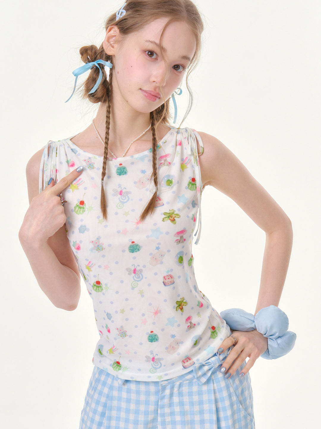 Whimsical Print Tie-Shoulder Tank Top