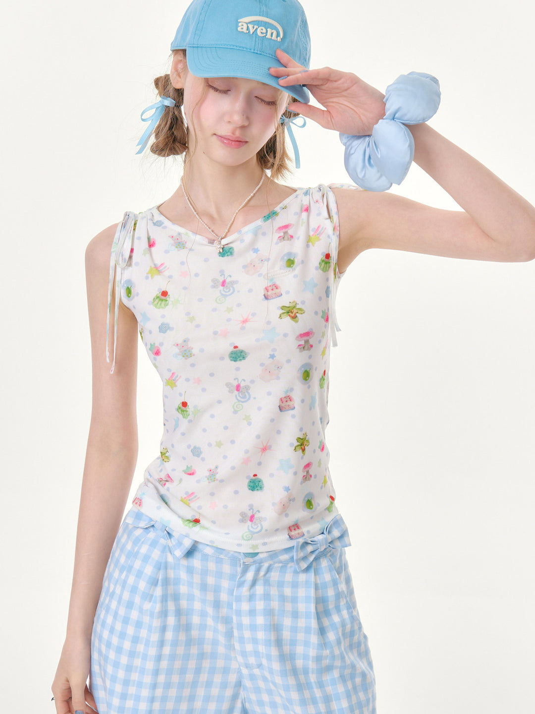 Whimsical Print Tie-Shoulder Tank Top