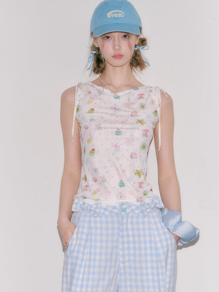 Whimsical Print Tie-Shoulder Tank Top