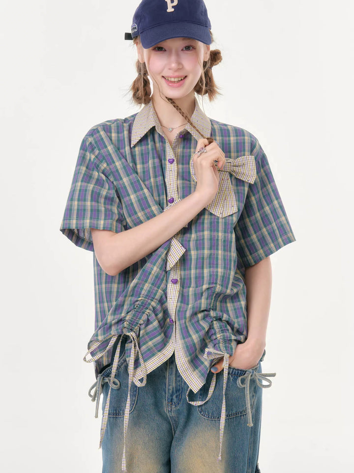 Purple Plaid Bow Drawstring Shirt