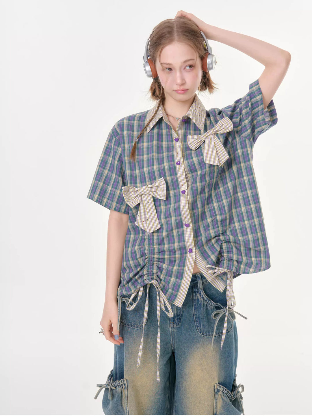 Purple Plaid Bow Drawstring Shirt