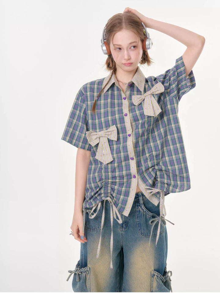 Purple Plaid Bow Drawstring Shirt
