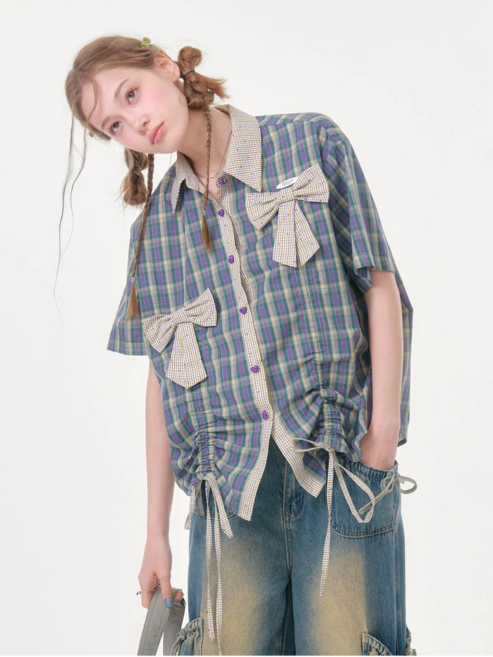 Purple Plaid Bow Drawstring Shirt