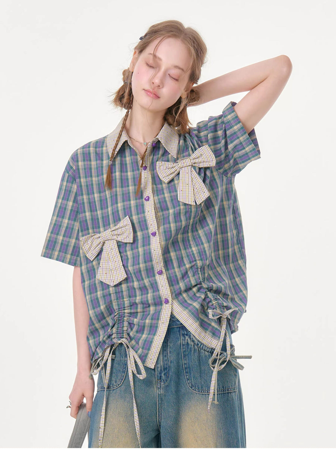 Purple Plaid Bow Drawstring Shirt