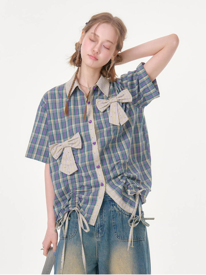 Purple Plaid Bow Drawstring Shirt