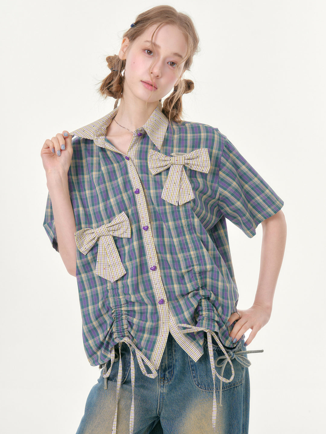 Purple Plaid Bow Drawstring Shirt