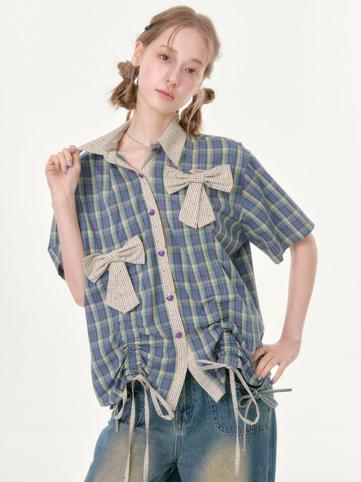 Purple Plaid Bow Drawstring Shirt