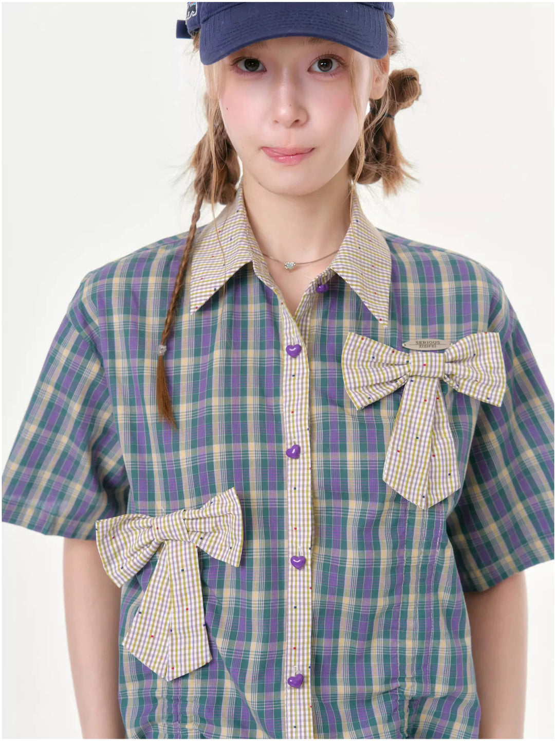Purple Plaid Bow Drawstring Shirt
