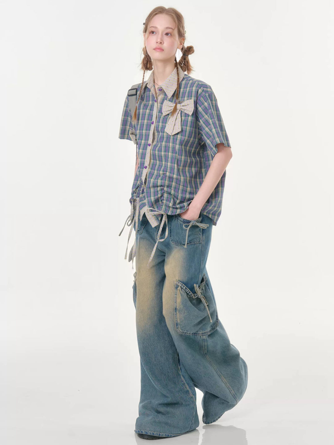 Purple Plaid Bow Drawstring Shirt