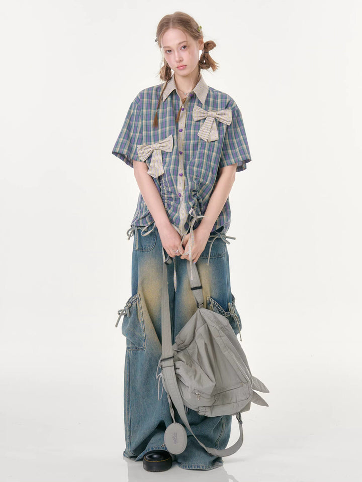 Purple Plaid Bow Drawstring Shirt