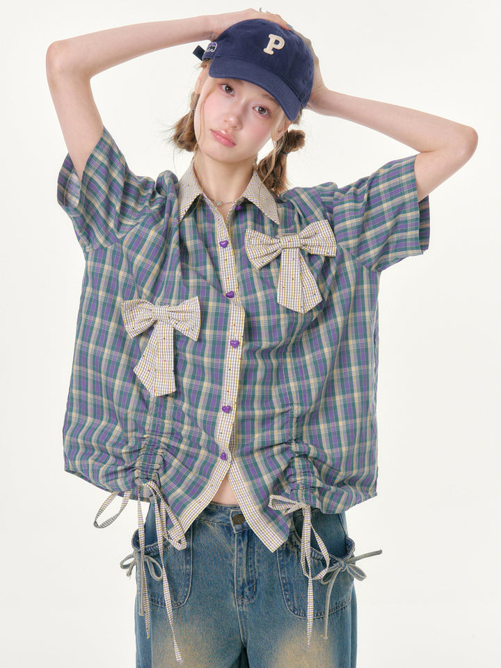 Purple Plaid Bow Drawstring Shirt