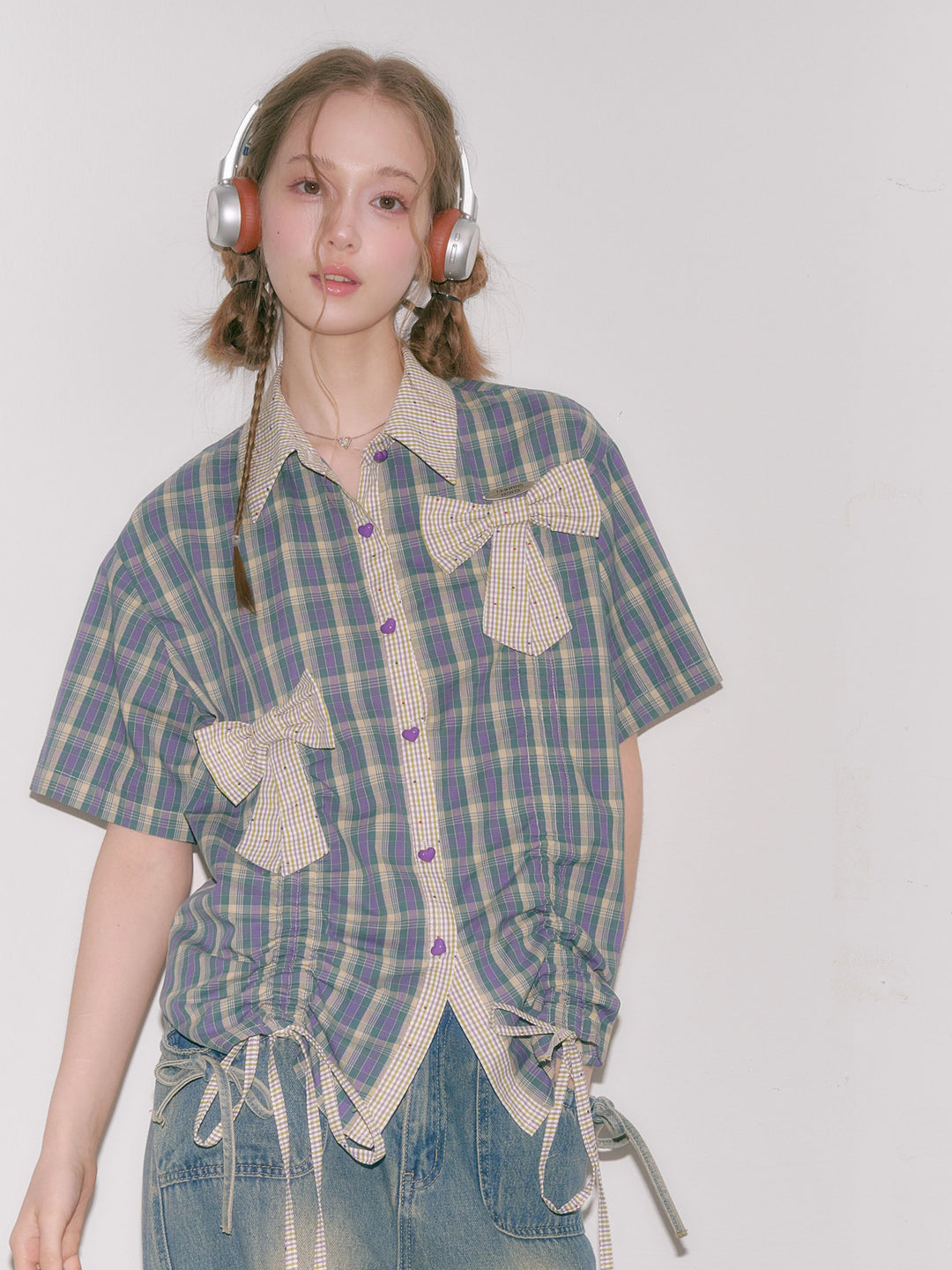 Purple Plaid Bow Drawstring Shirt