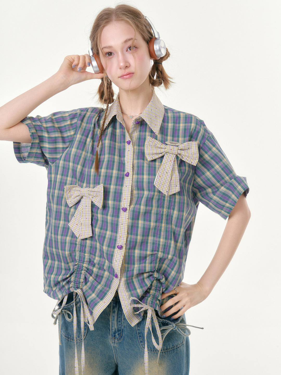Purple Plaid Bow Drawstring Shirt