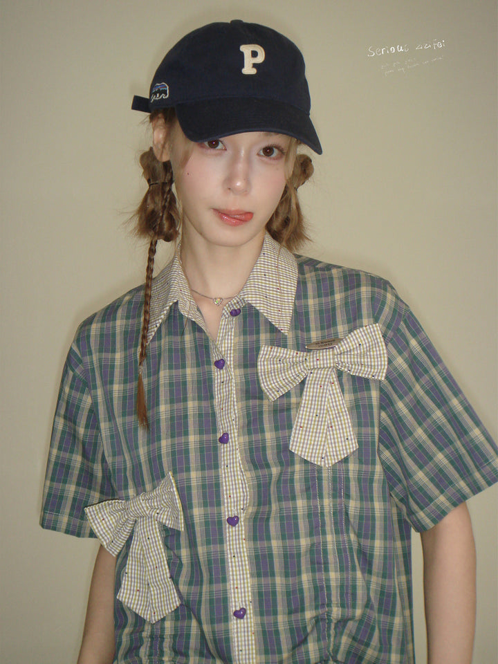 Purple Plaid Bow Drawstring Shirt