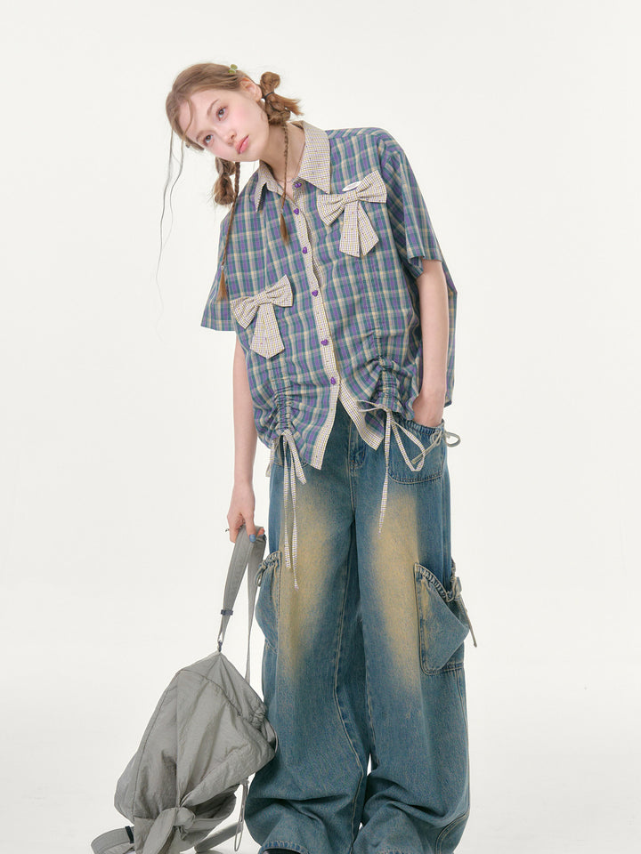 Purple Plaid Bow Drawstring Shirt