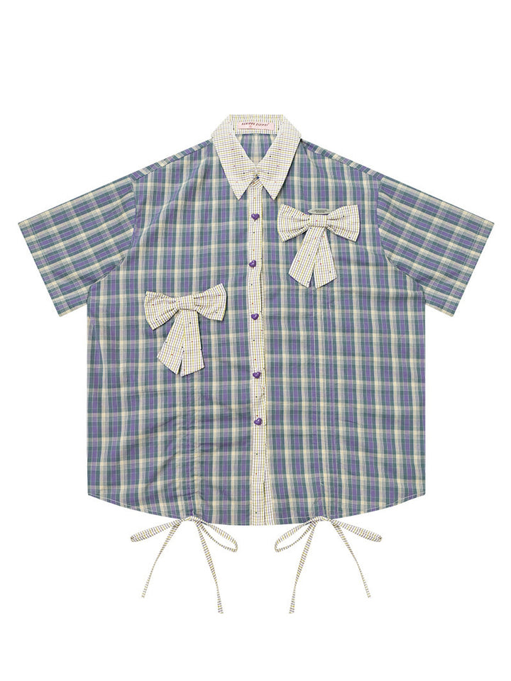 Purple Plaid Bow Drawstring Shirt
