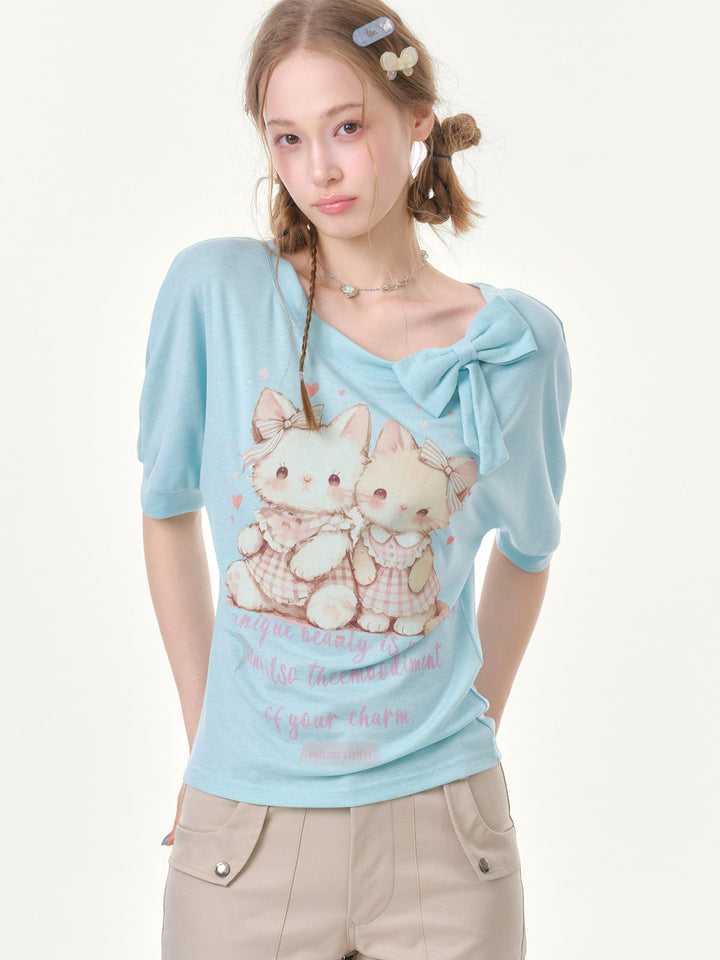 Cat Graphic Bow-Neck T-Shirt
