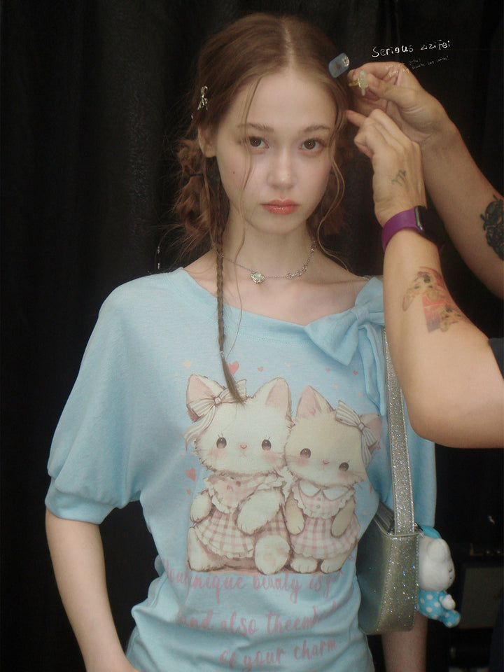 Cat Graphic Bow-Neck T-Shirt