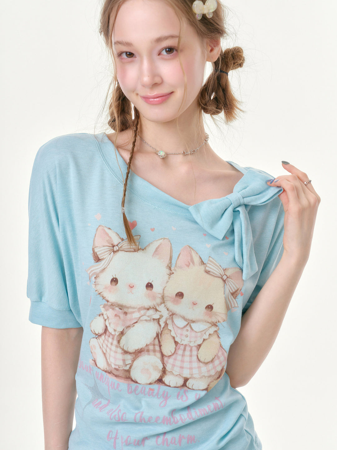Cat Graphic Bow-Neck T-Shirt