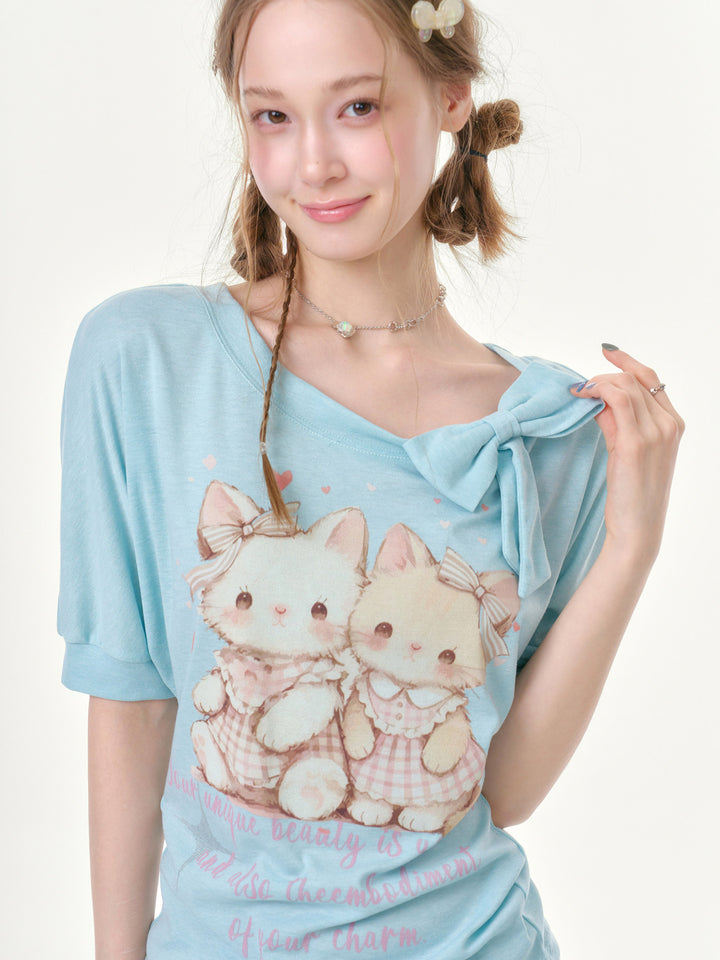Cat Graphic Bow-Neck T-Shirt