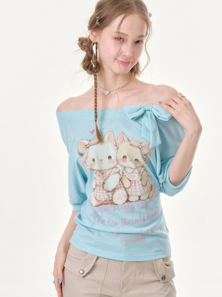 Cat Graphic Bow-Neck T-Shirt