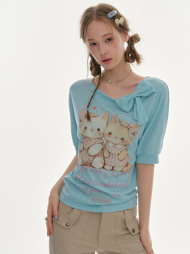 Cat Graphic Bow-Neck T-Shirt