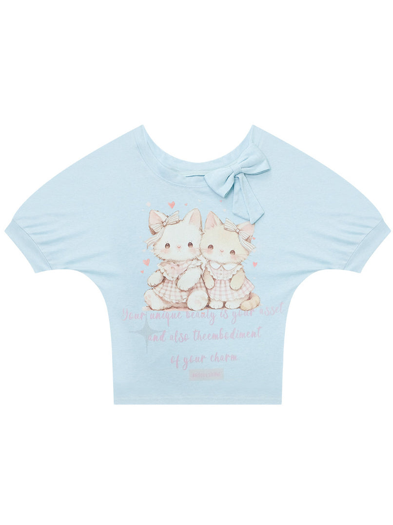 Cat Graphic Bow-Neck T-Shirt