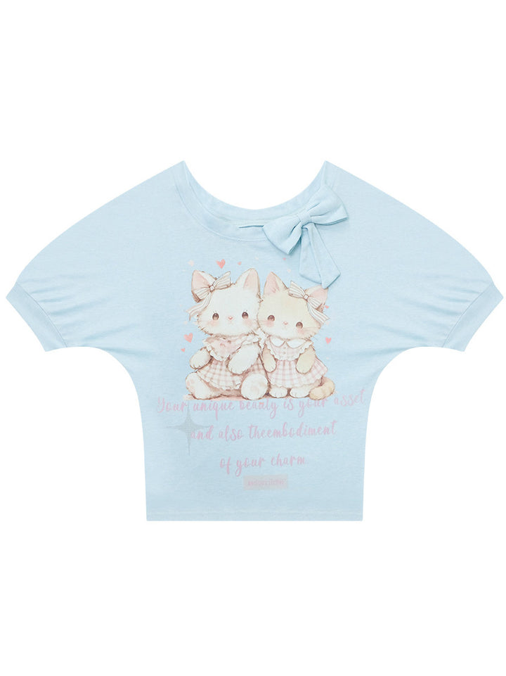 Cat Graphic Bow-Neck T-Shirt