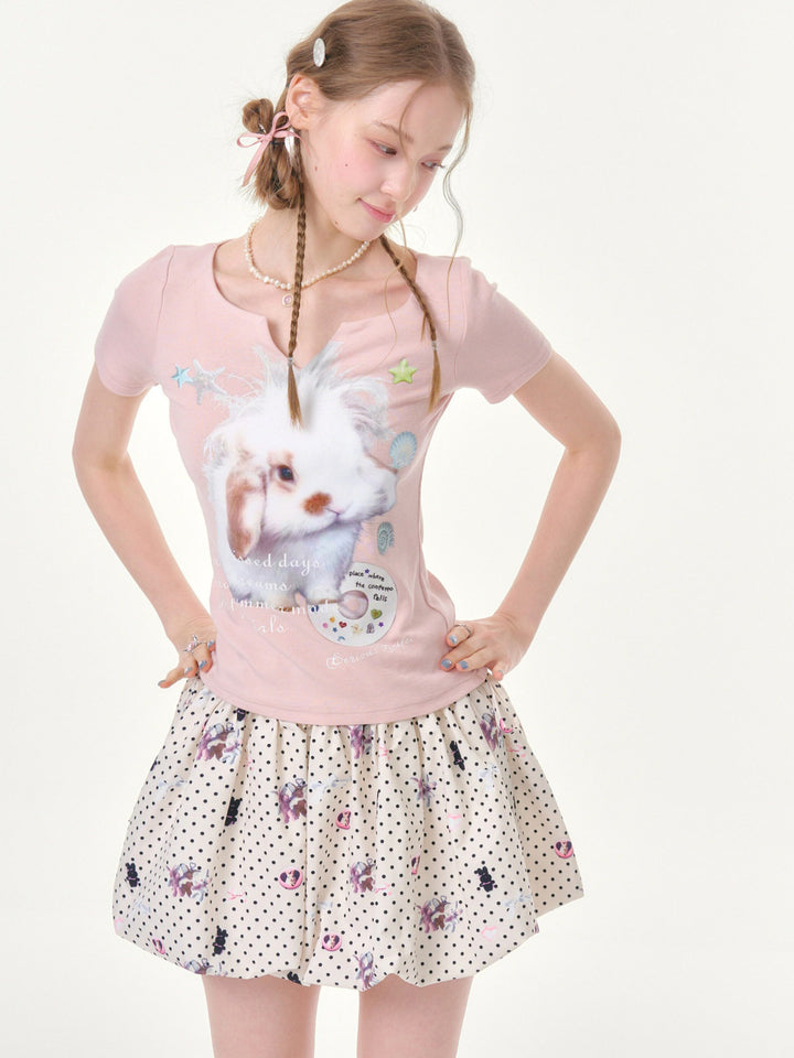 Kawaii Bunny Graphic V-Neck T-Shirt