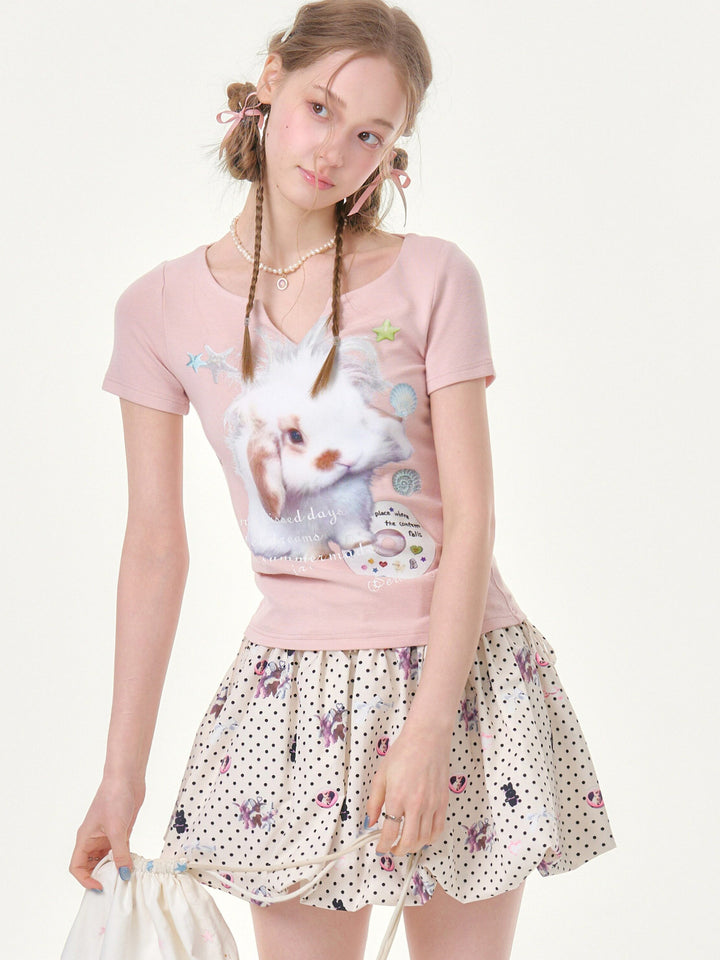 Kawaii Bunny Graphic V-Neck T-Shirt