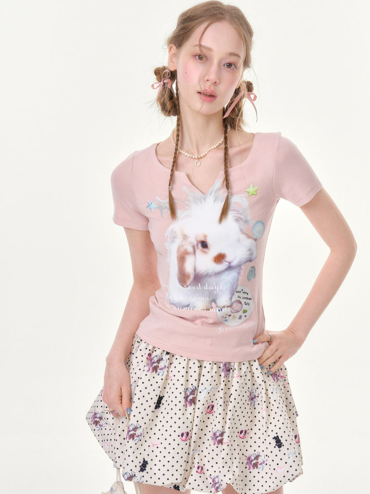 Kawaii Bunny Graphic V-Neck T-Shirt