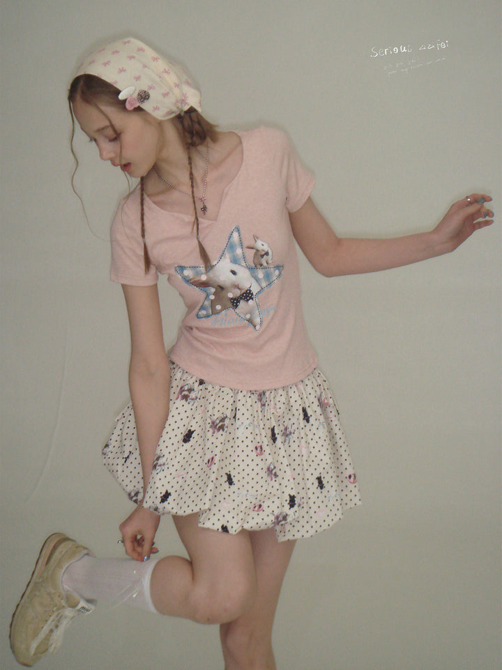 Kawaii Bunny Graphic V-Neck T-Shirt