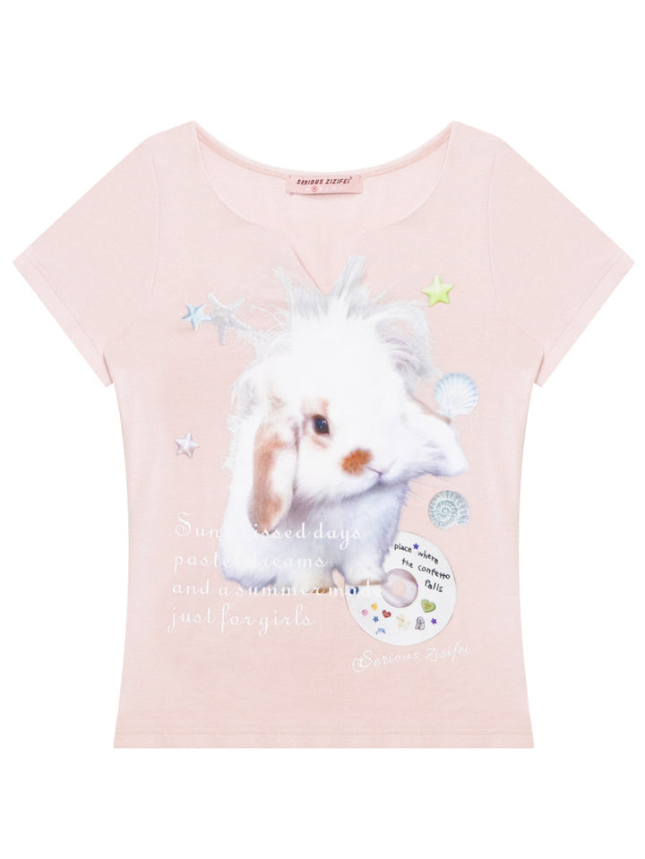 Kawaii Bunny Graphic V-Neck T-Shirt
