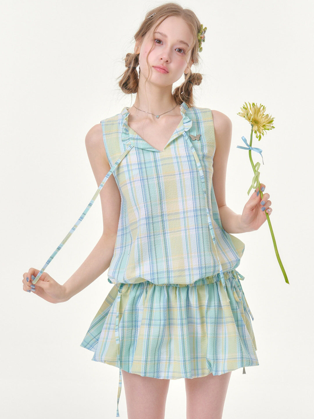 Pastel Plaid Ruffle-Neck Mini Dress