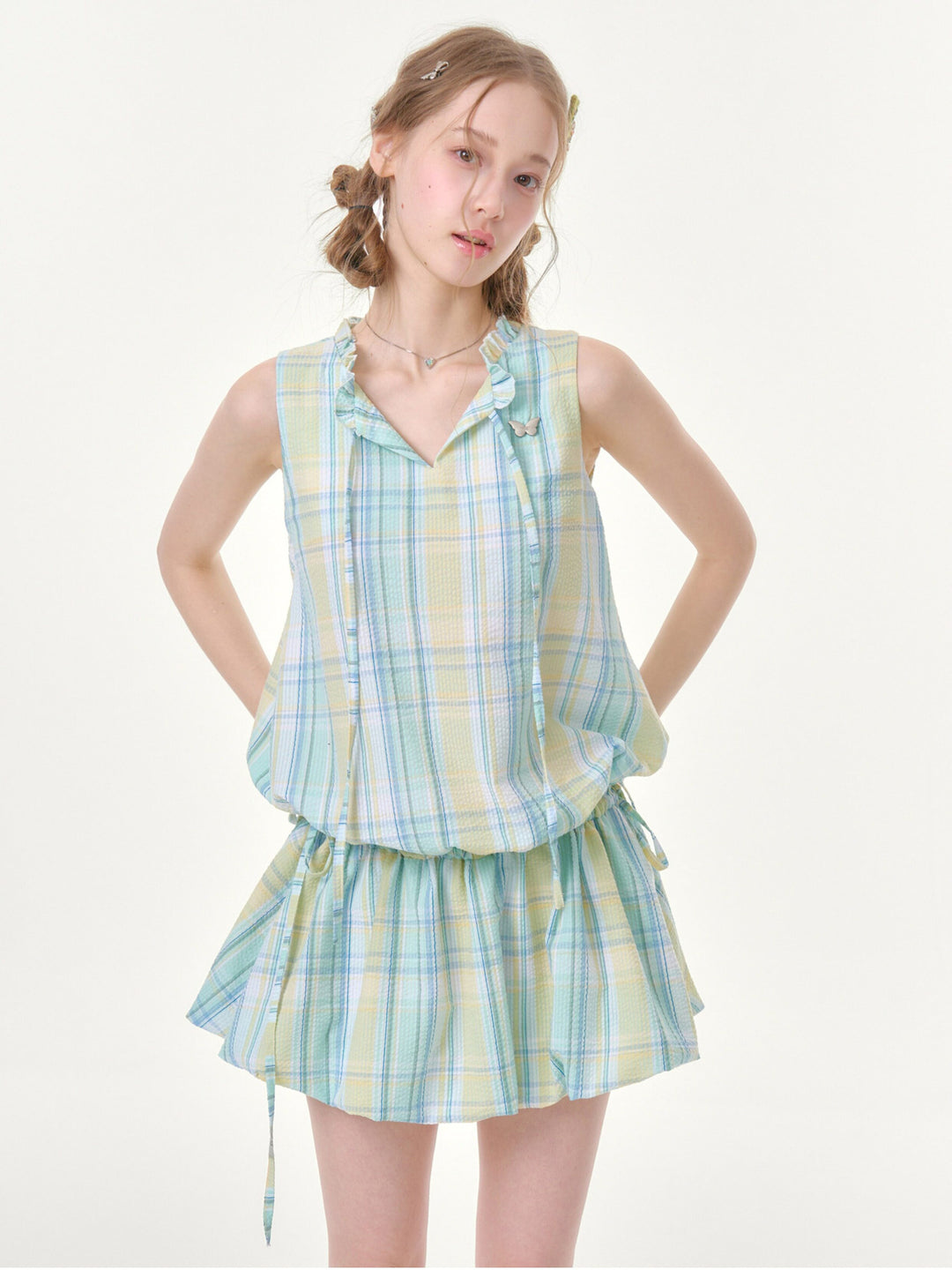 Pastel Plaid Ruffle-Neck Mini Dress