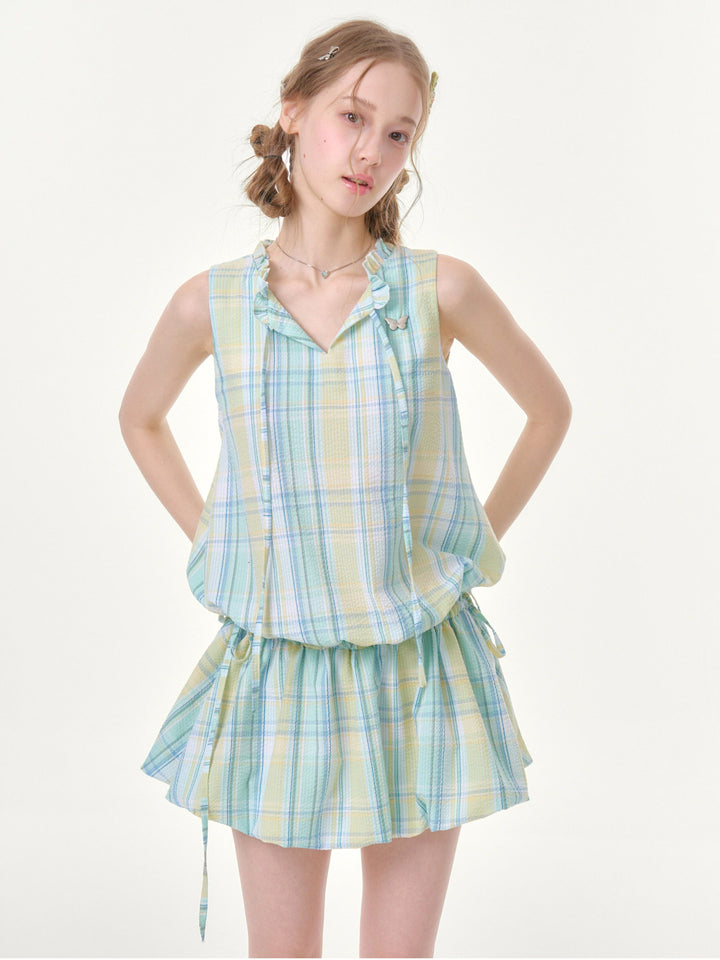 Pastel Plaid Ruffle-Neck Mini Dress