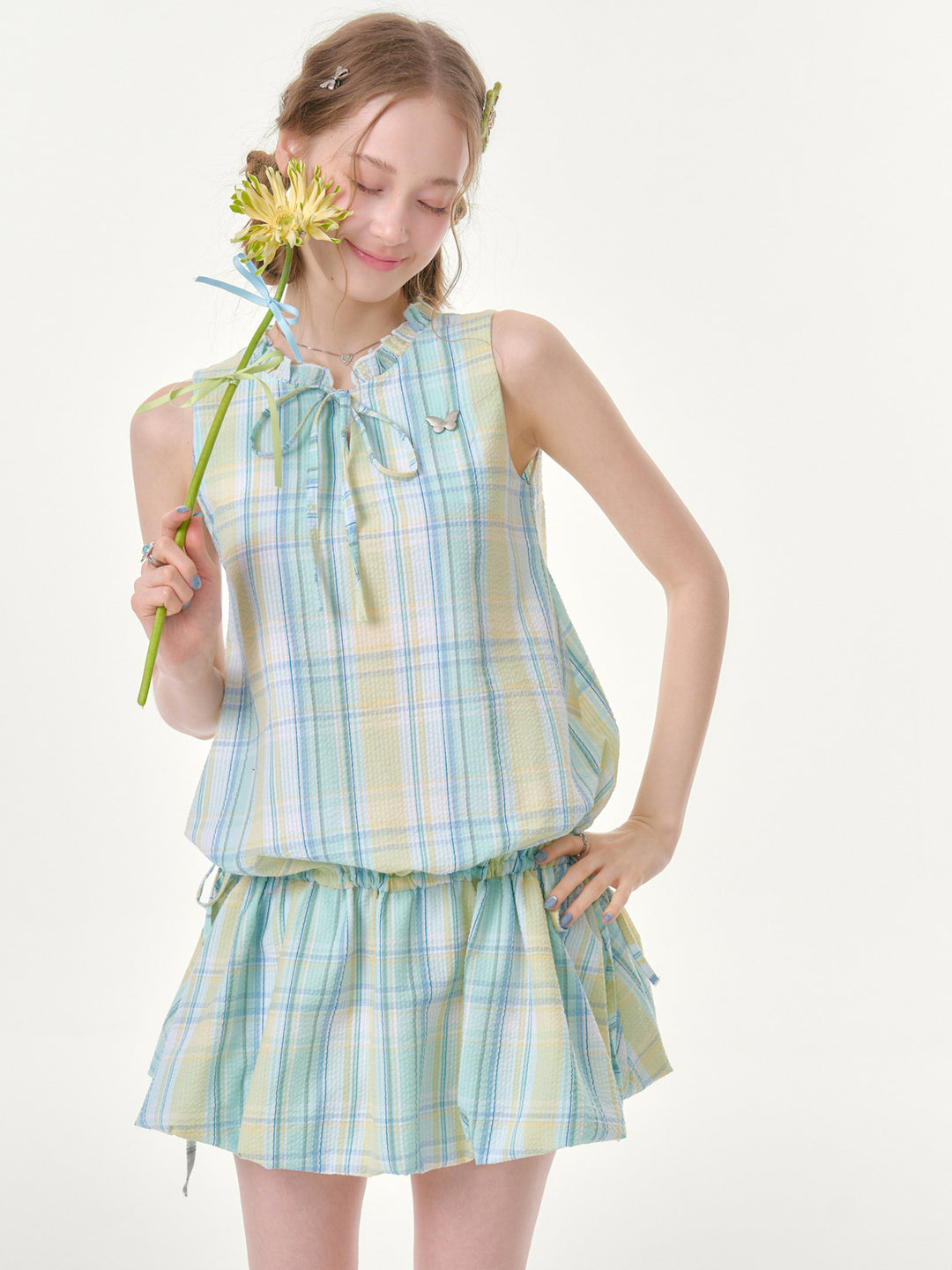 Pastel Plaid Ruffle-Neck Mini Dress