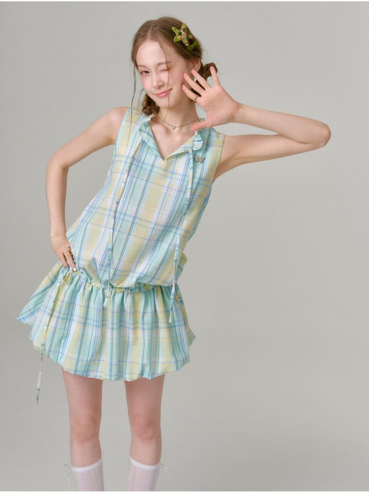 Pastel Plaid Ruffle-Neck Mini Dress