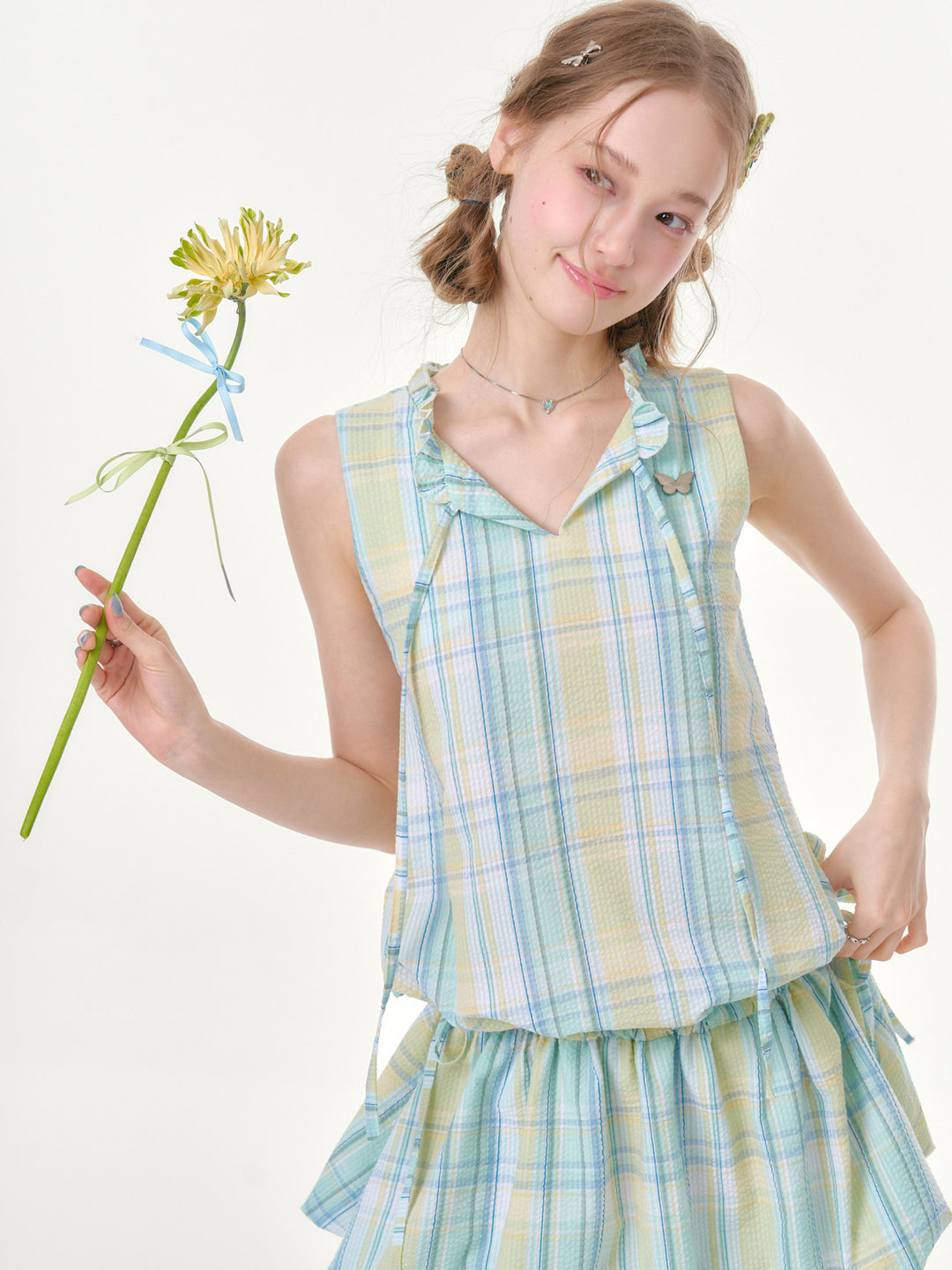 Pastel Plaid Ruffle-Neck Mini Dress
