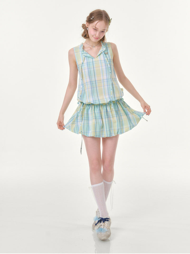 Pastel Plaid Ruffle-Neck Mini Dress