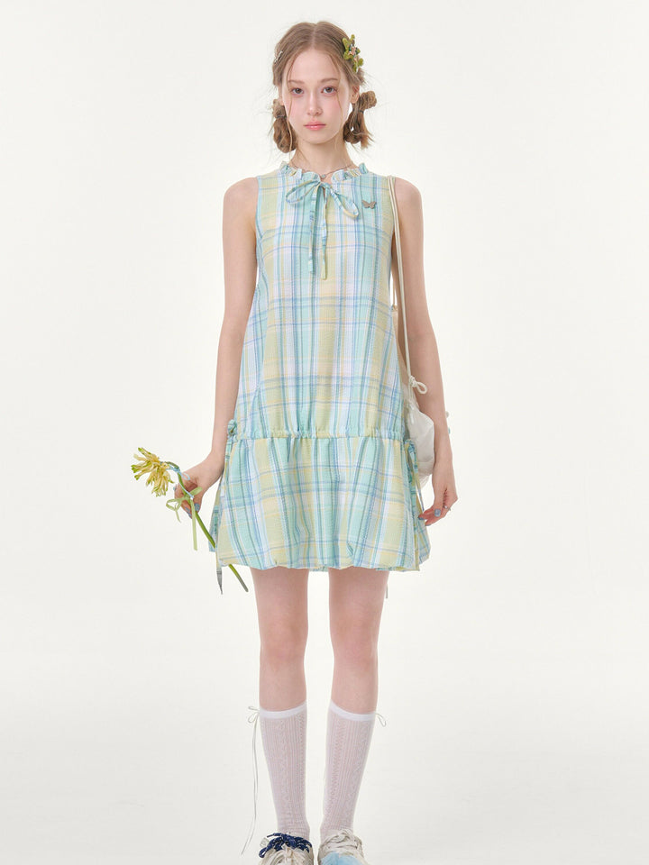 Pastel Plaid Ruffle-Neck Mini Dress