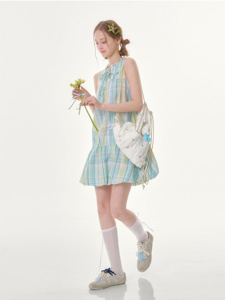 Pastel Plaid Ruffle-Neck Mini Dress