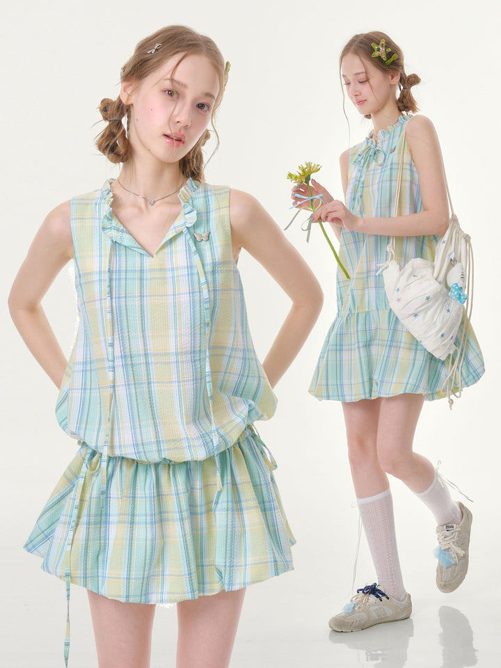Pastel Plaid Ruffle-Neck Mini Dress