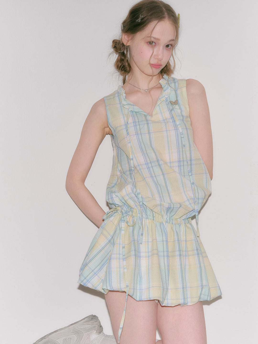 Pastel Plaid Ruffle-Neck Mini Dress