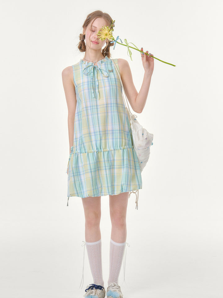 Pastel Plaid Ruffle-Neck Mini Dress