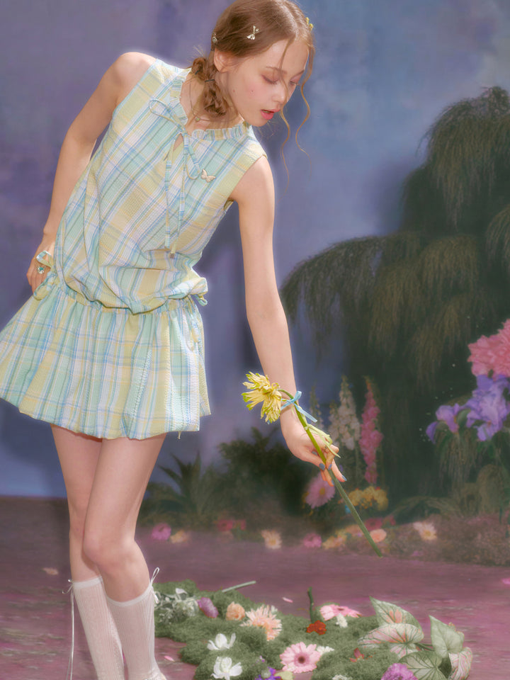 Pastel Plaid Ruffle-Neck Mini Dress